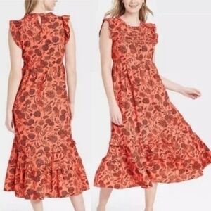 Universal Thread Women's Floral Cotton Flutter Sleeve Ruffle Tiered Midi Dress